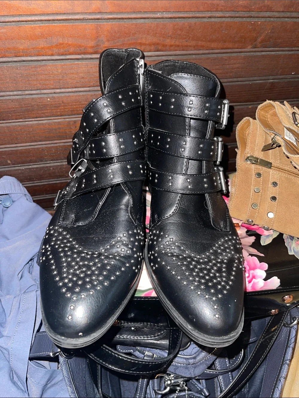 London Fog Black Studded Triple-Buckle Ankle Boot